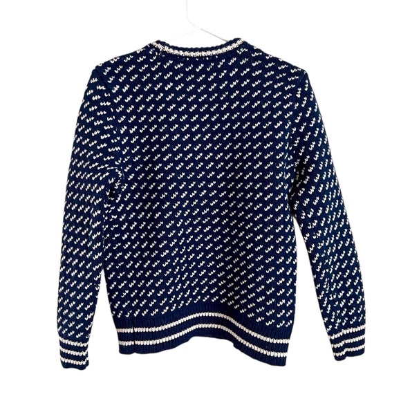 LL Bean Women’s Fisherman Sweater Navy Blue White Crew Neck Lambs Wool Medium - Picture 2 of 7